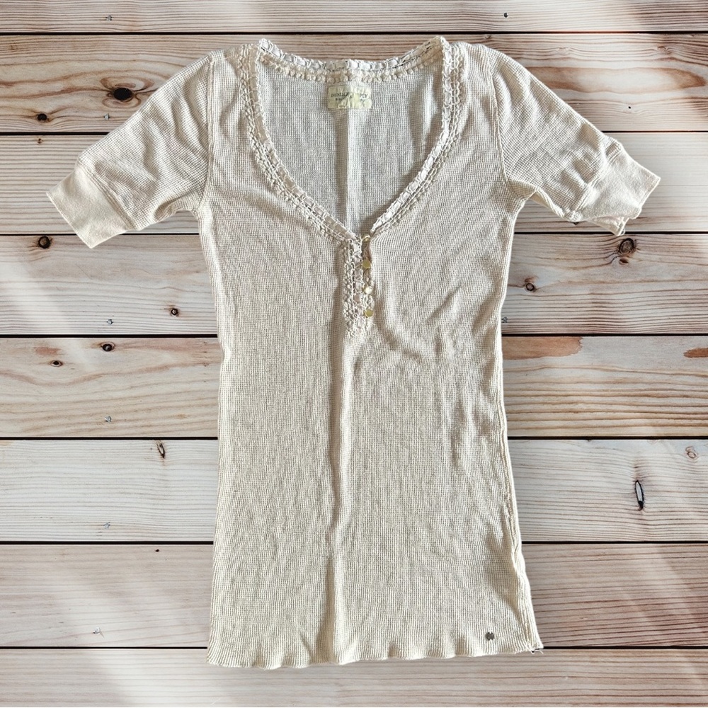 RALPH LAUREN Denim & Supply Thermal Scoop Neck Lace Detail Button in Cream